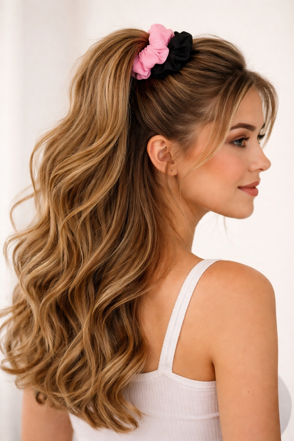Close up of top half secured with a bold two-tone scrunchie and loose wavy bottom hair