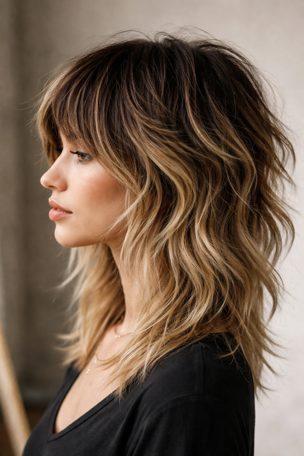 Side profile of two-tone shag with dark roots and light ends