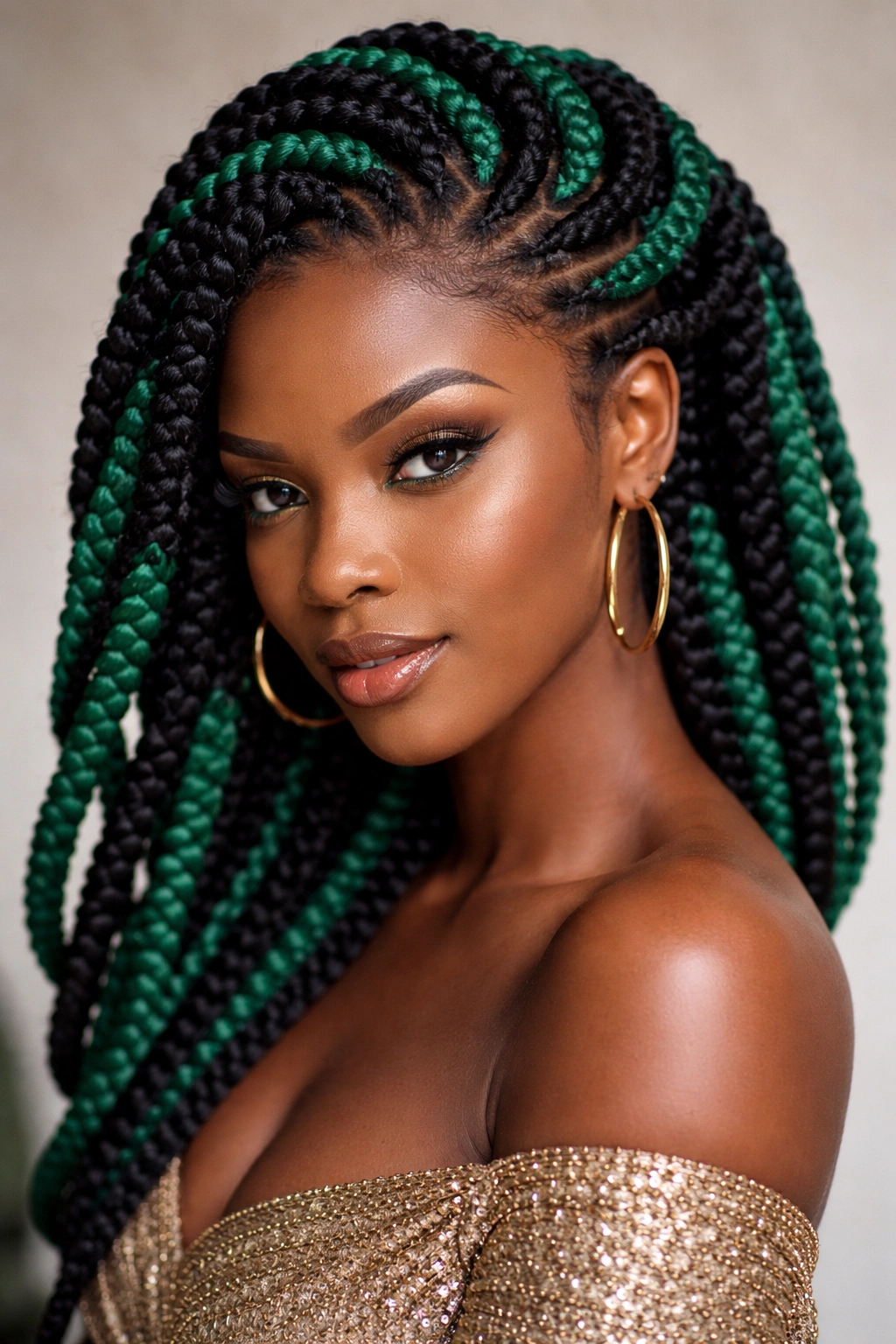 Close-up of two-tone Igbo spiral twists in black and emerald winding around the head