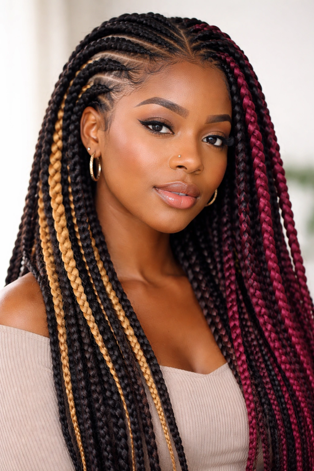 Two-toned cornrows with color extensions on thick 4C hair