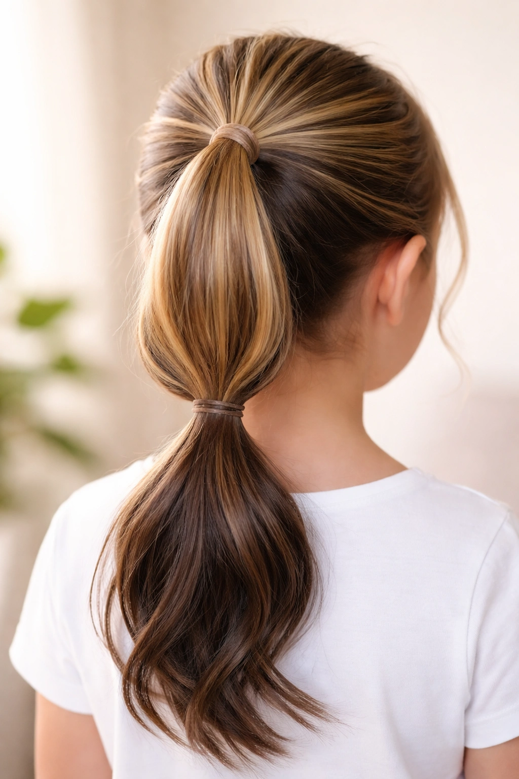 Close-up of two stacked ponytails in two tones at crown and nape.