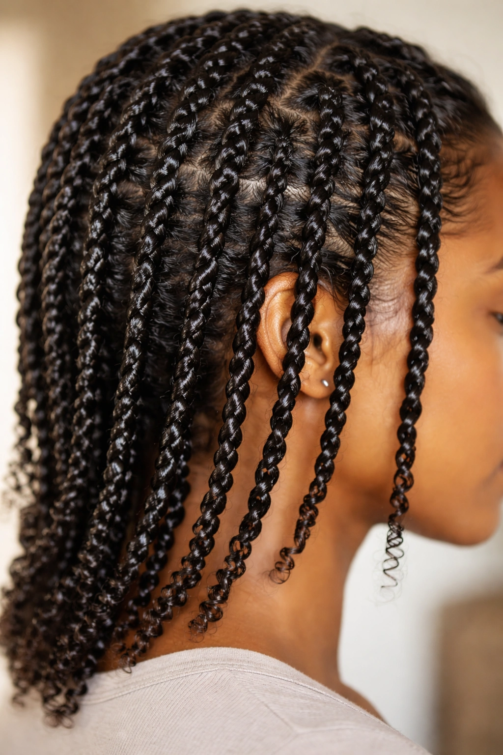 Close-up of two-strand twists with gel on coily hair