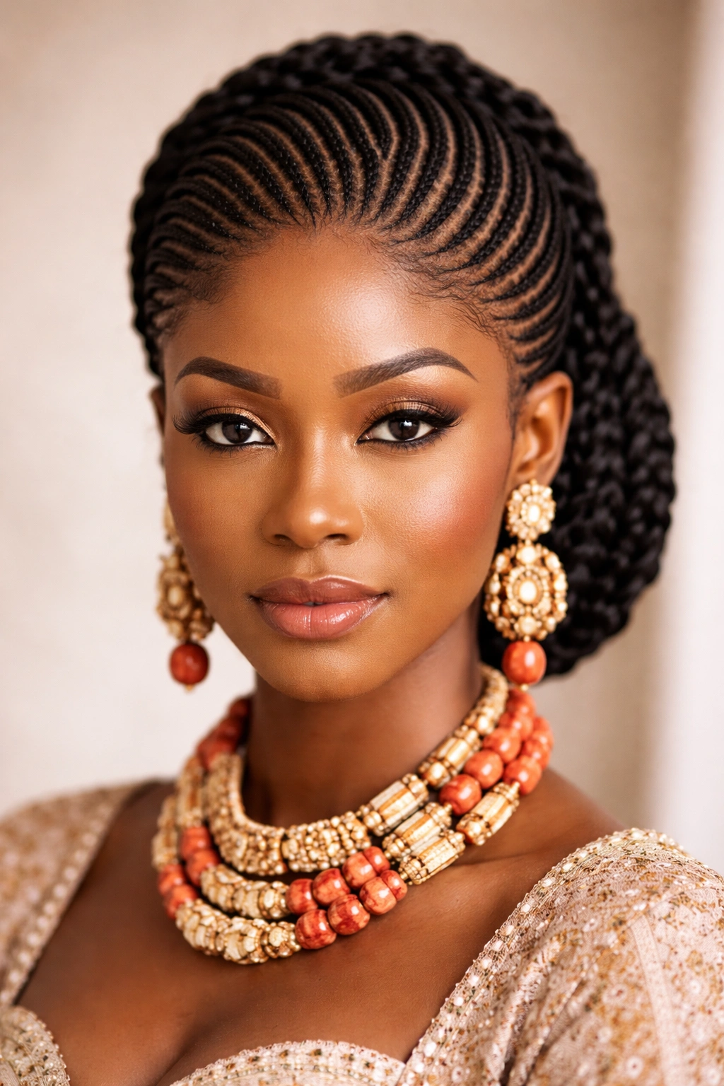 Ukazi braids arranged in parallel rows on the scalp, Igbo wedding hairstyle