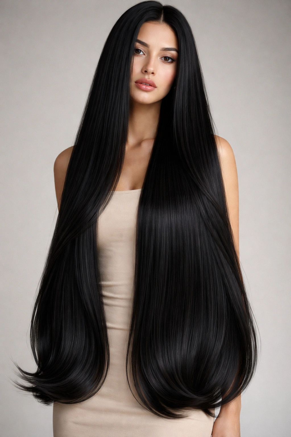 Close-up of ultra-long jet-black hair with a subtle inward-curved end