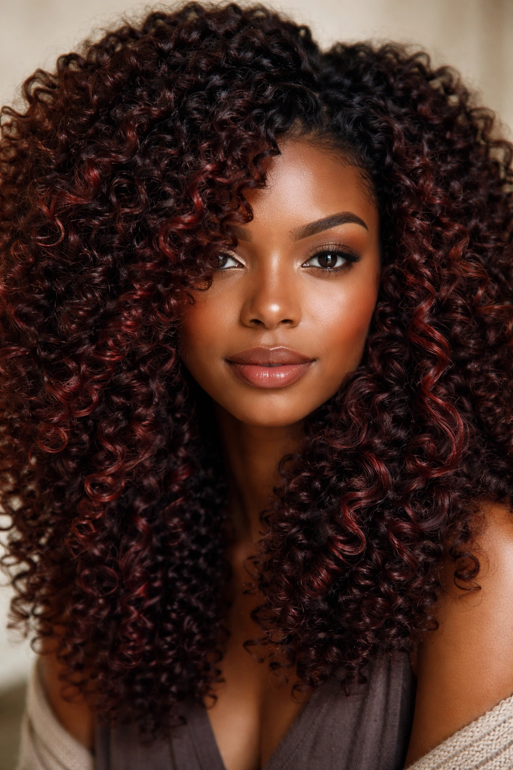 Coils with warm umber base and burgundy depth creating rich dimension