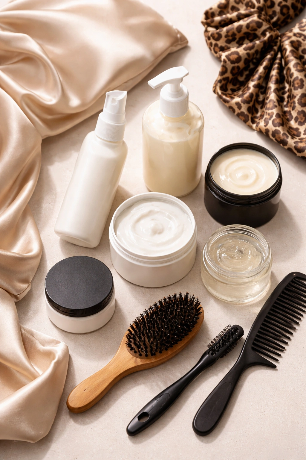 Flat lay of unbranded hair care products for natural half up ponytails