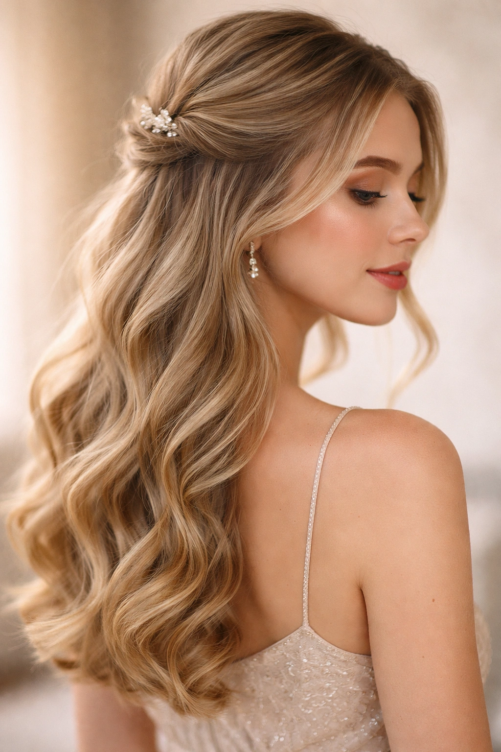 Close-up of romantic half-up hairstyle with soft undercurl and decorative elastic securing the top section