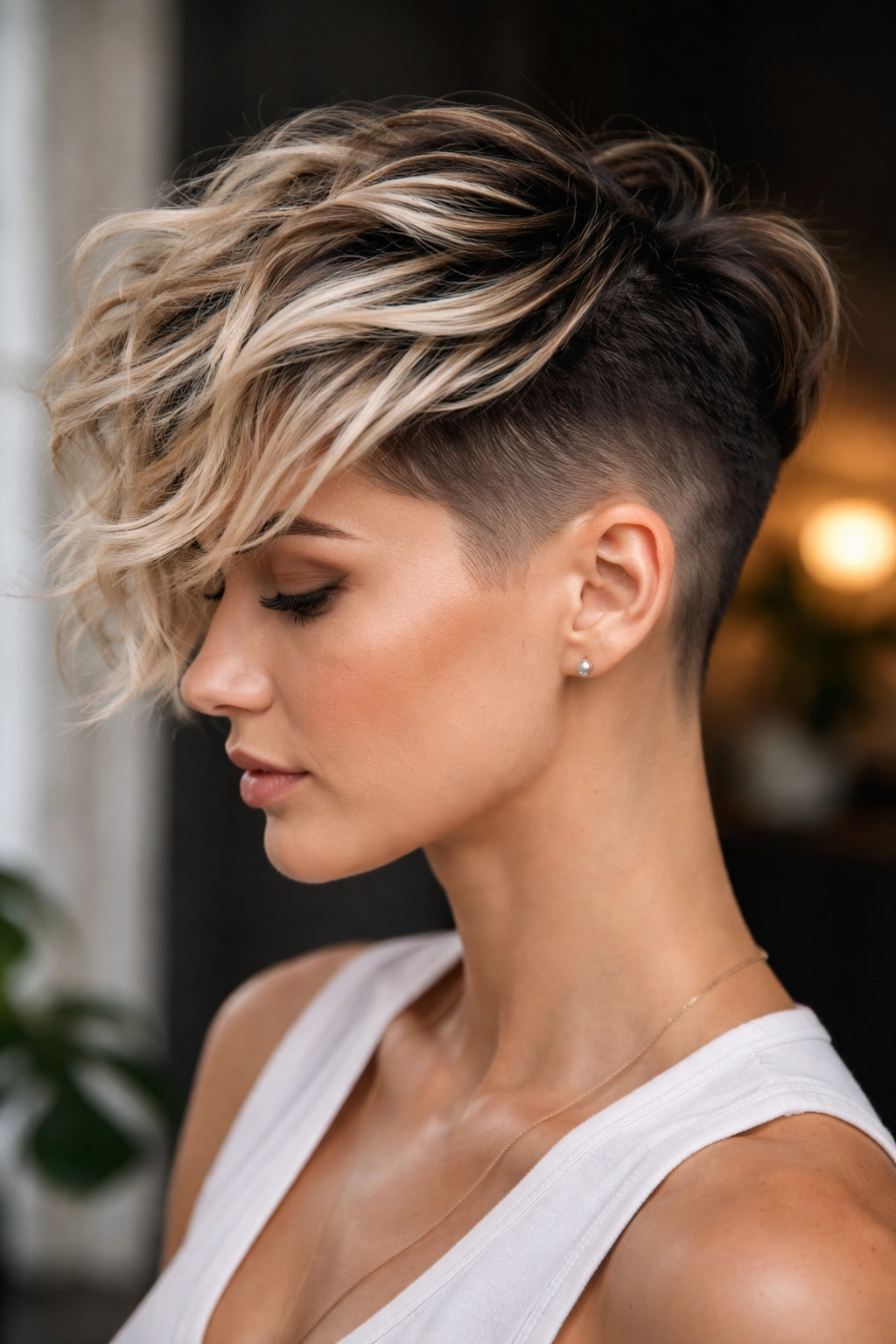 Textured undercut showing shaved sides and longer top with dark-to-light balayage.