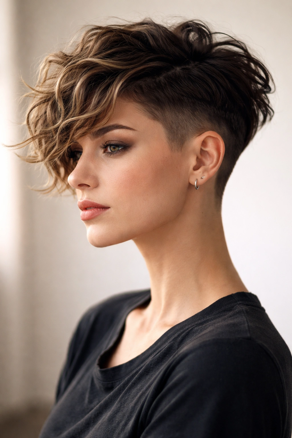 Wavy bixie with shaved sides and top-heavy texture in a head-and-shoulders portrait