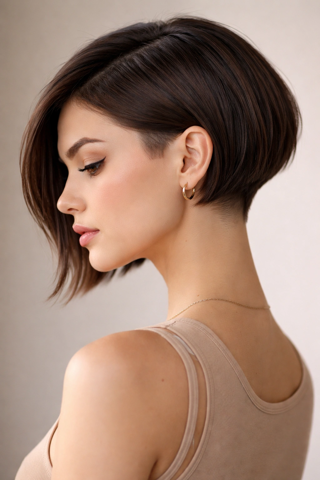 Portrait showing undercut bob with longer top and shaved undercut at nape