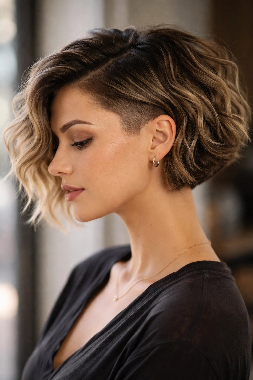 Three-quarter view of a wavy bob with undersides shaved showing contrast