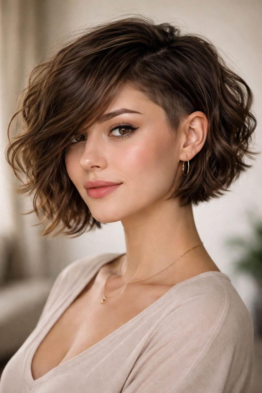 Wavy undercut bob with side bangs on a model, highlighting hair texture and contrast