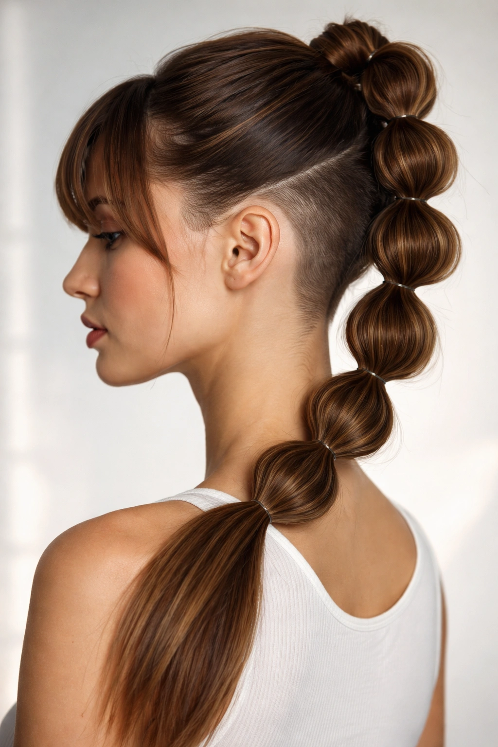 Profile view of straight hair with asymmetrical bubble braid and undercut