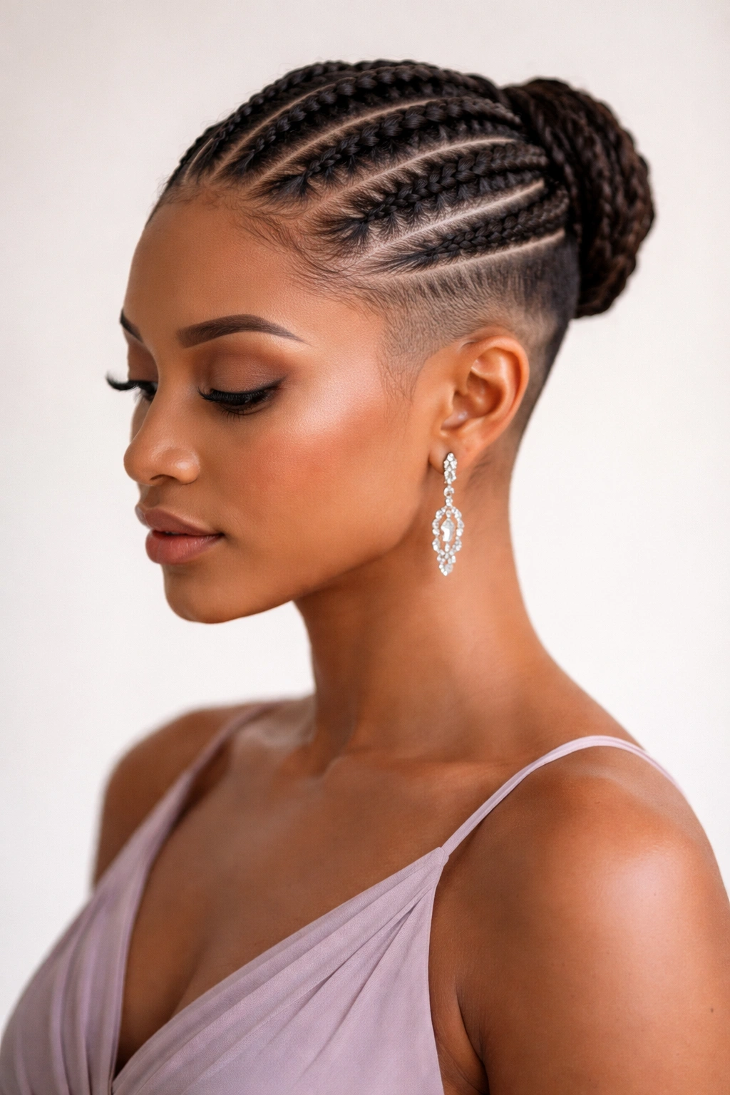 Profile view of a bridesmaid with undercut cornrows and shaved sides
