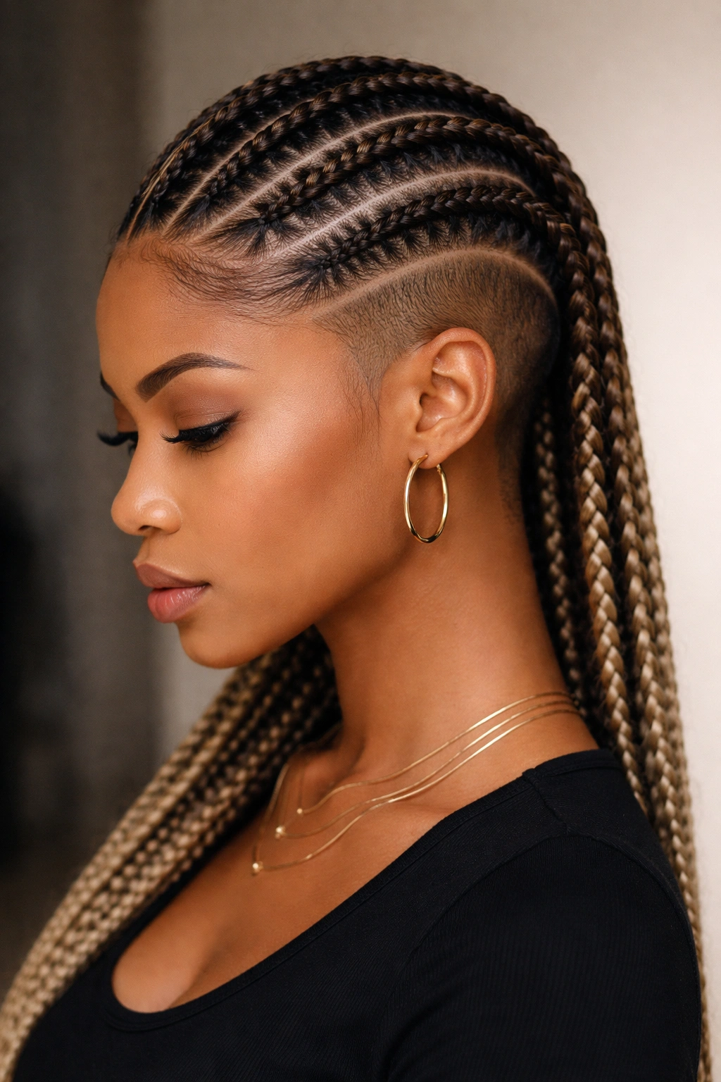 Feed-in cornrows over an undercut showing bold contrast between braids and shaved scalp