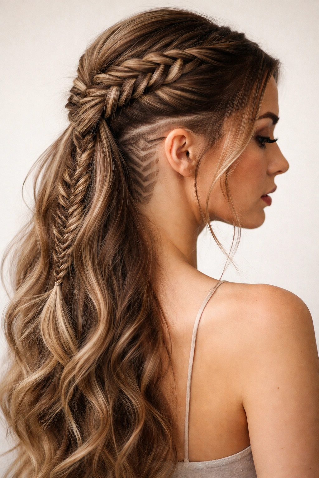 Fishtail half-up hairstyle with a visible undercut design at the lower back