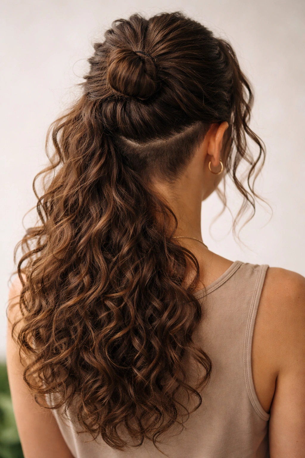 Half-up hairstyle showing hidden undercut detail at the back