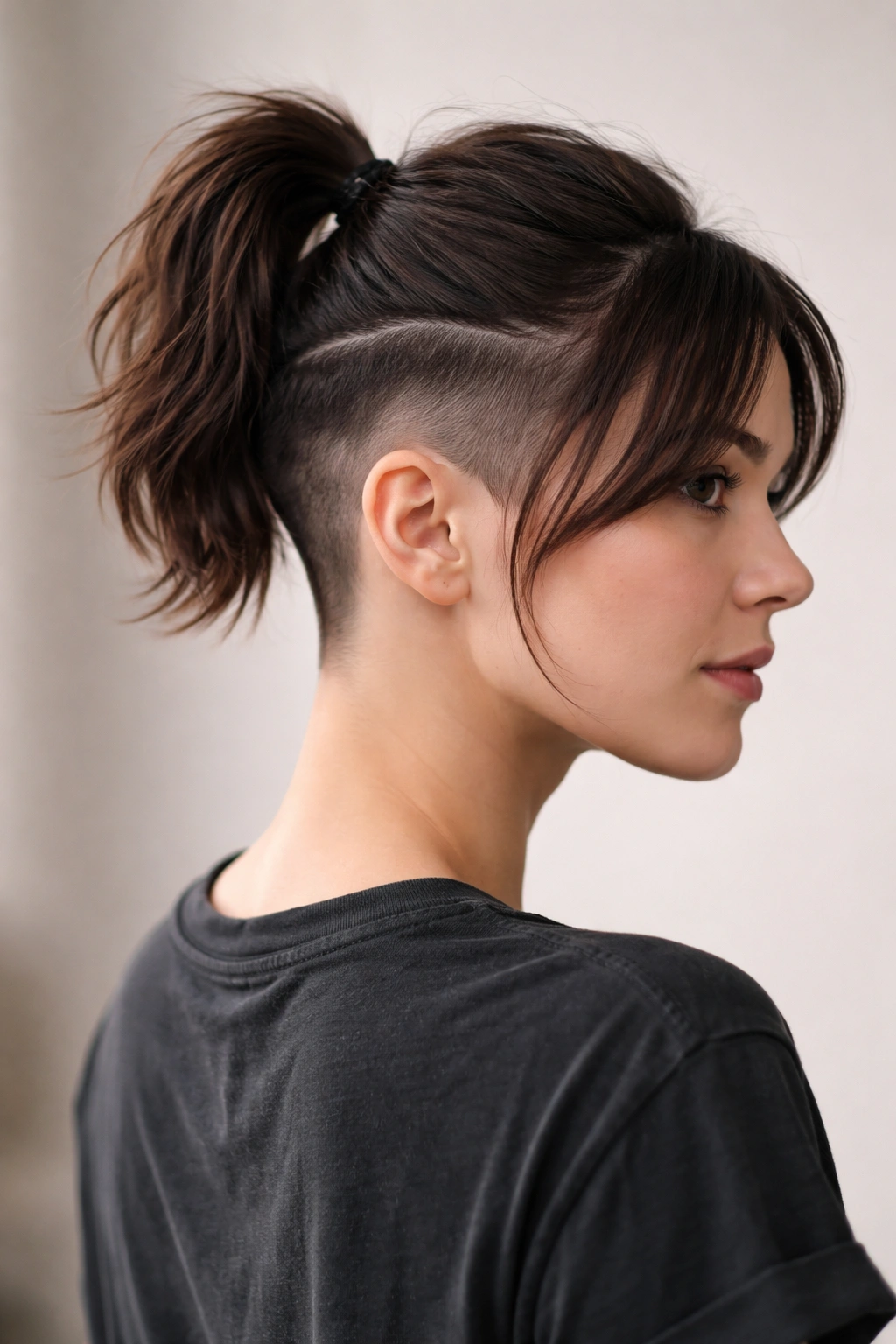 Close-up of short hair with an undercut and a half-up ponytail exposing shaved detail