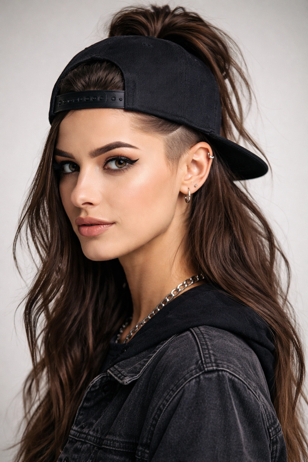 Close-up portrait showing an undercut peeking through a half-up hairstyle with a snapback