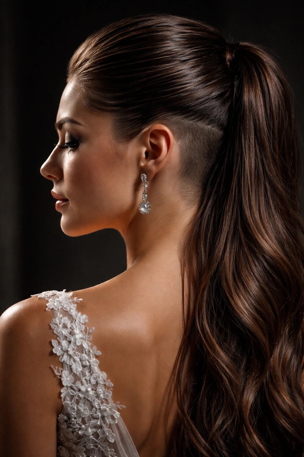 Side profile of bride with slicked-back undercut half-up and fade at the nape.