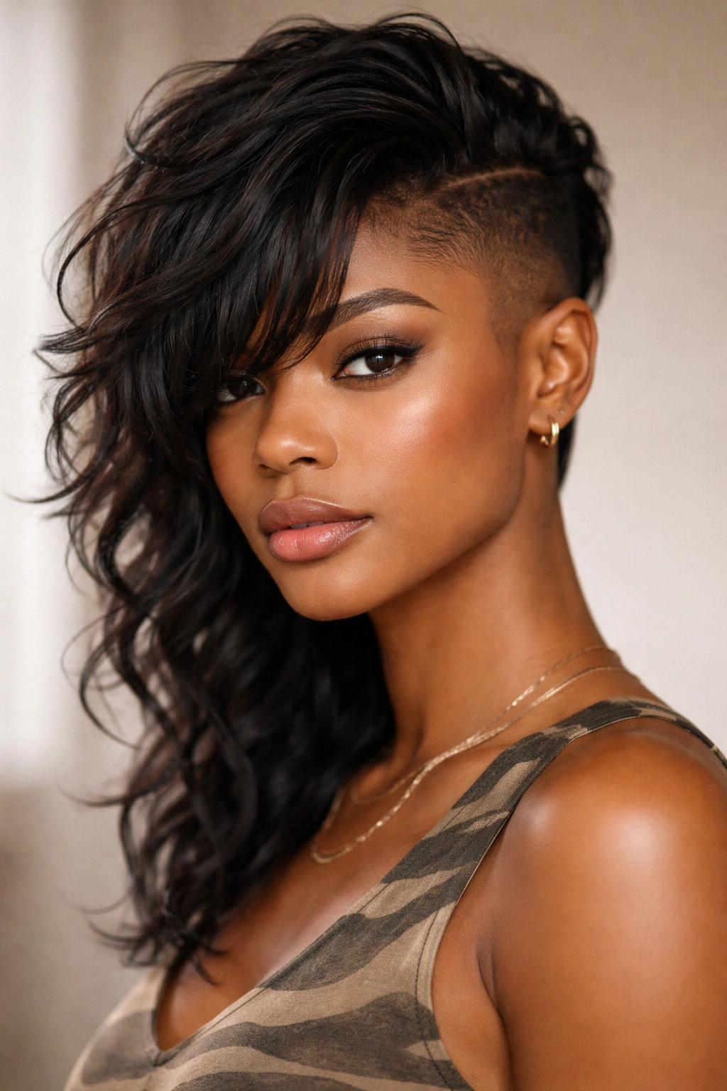 Close-up of a head with shaved sides and long bangs highlighting the bold undercut in a studio setting