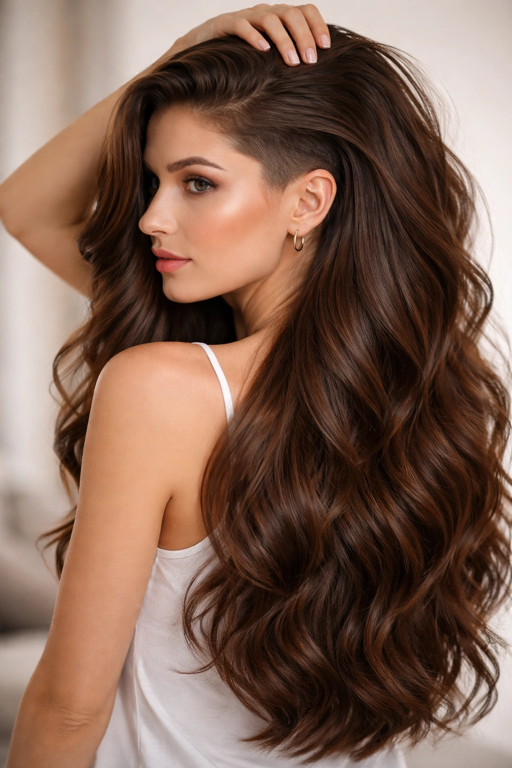 Long brown waves with hidden undercut visible when hair is moved