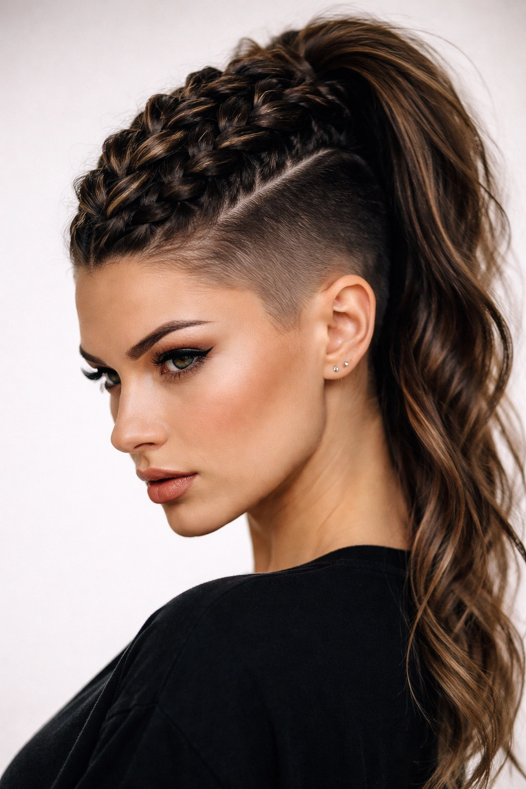Close-up of a person with an undercut and thick center braid, bold mohawk hairstyle.