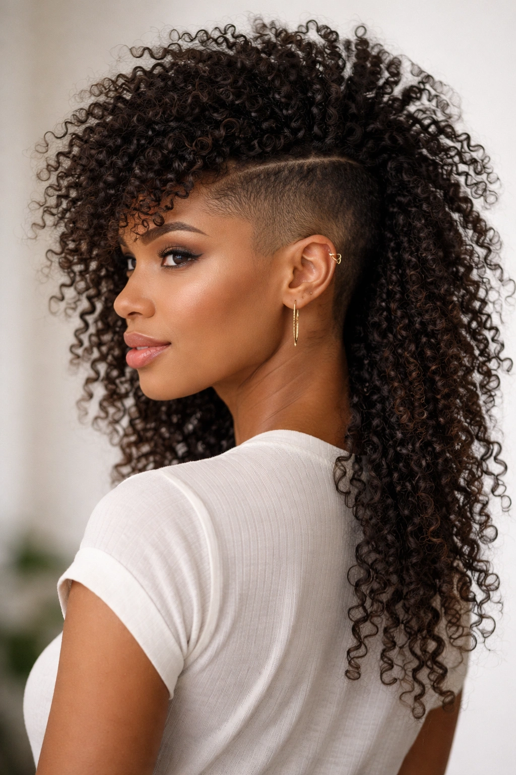 Undercut mullet with shaved sides and long top, studio lighting