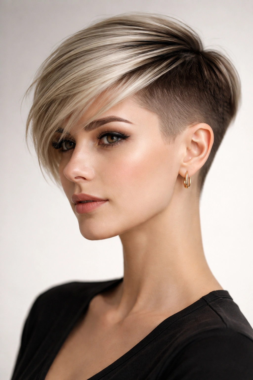 Undercut pixie with very short sides and longer top on straight hair
