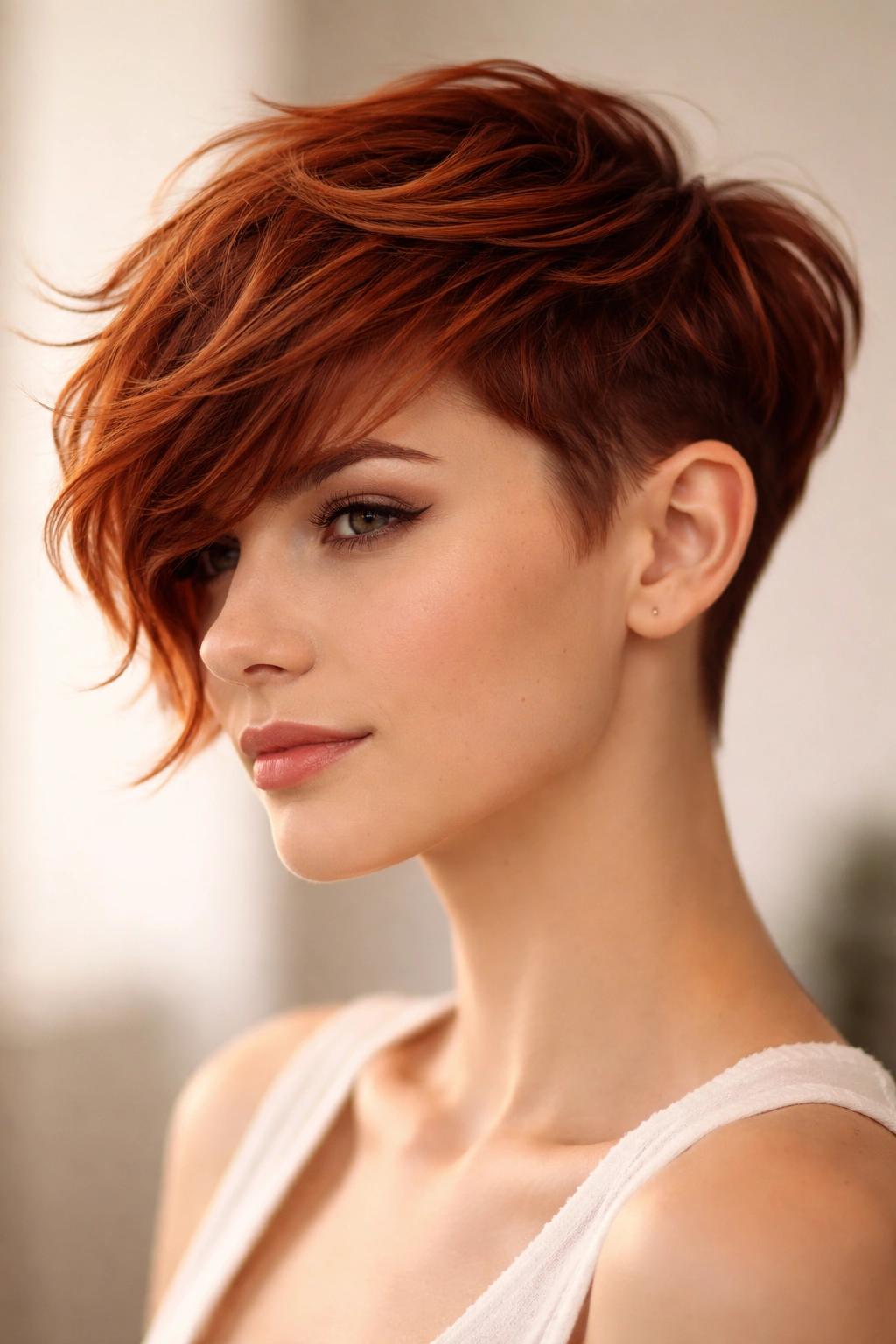 Close-up portrait of a model with soft undercut pixie and swept bangs