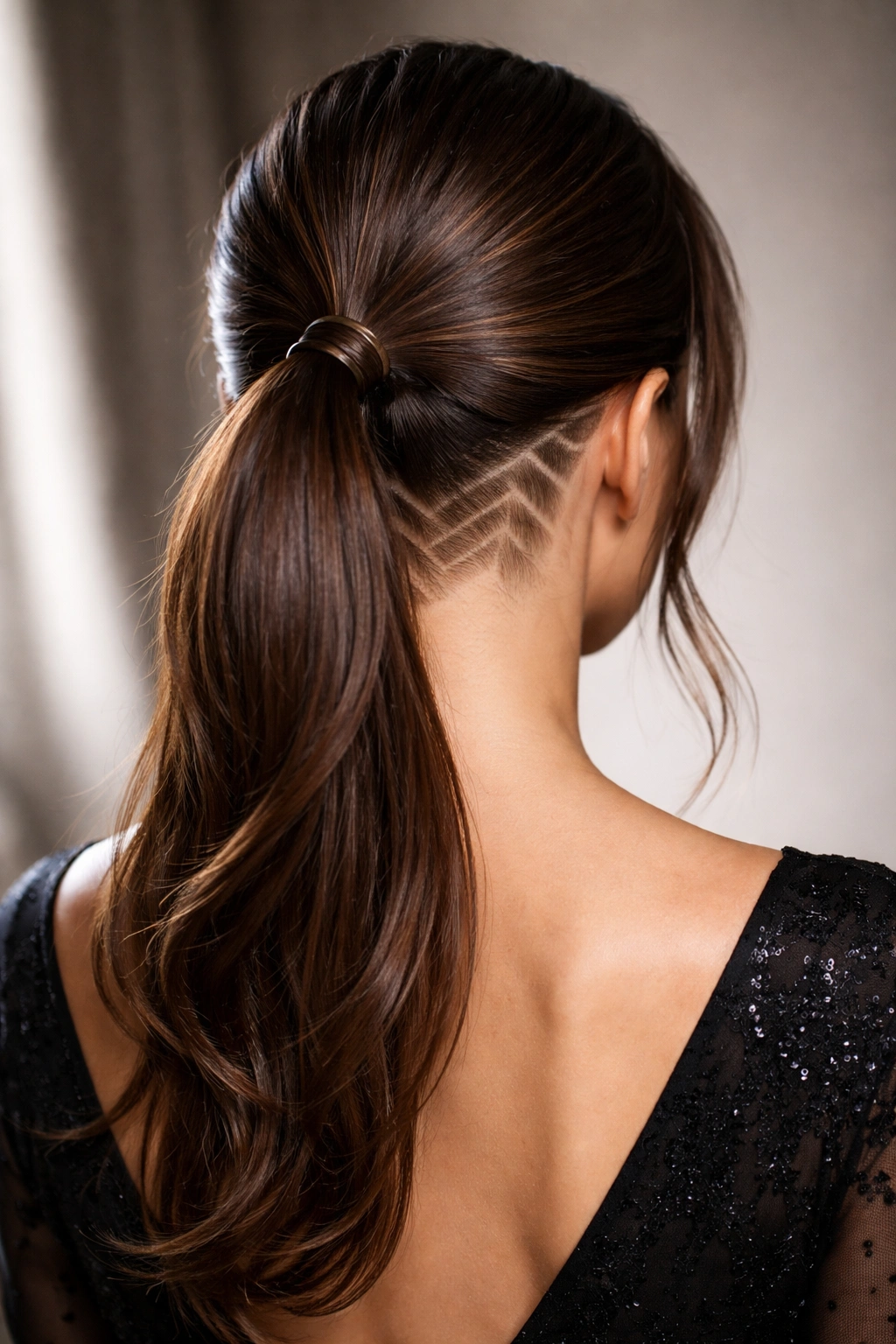 Low ponytail featuring an undercut visible at the nape