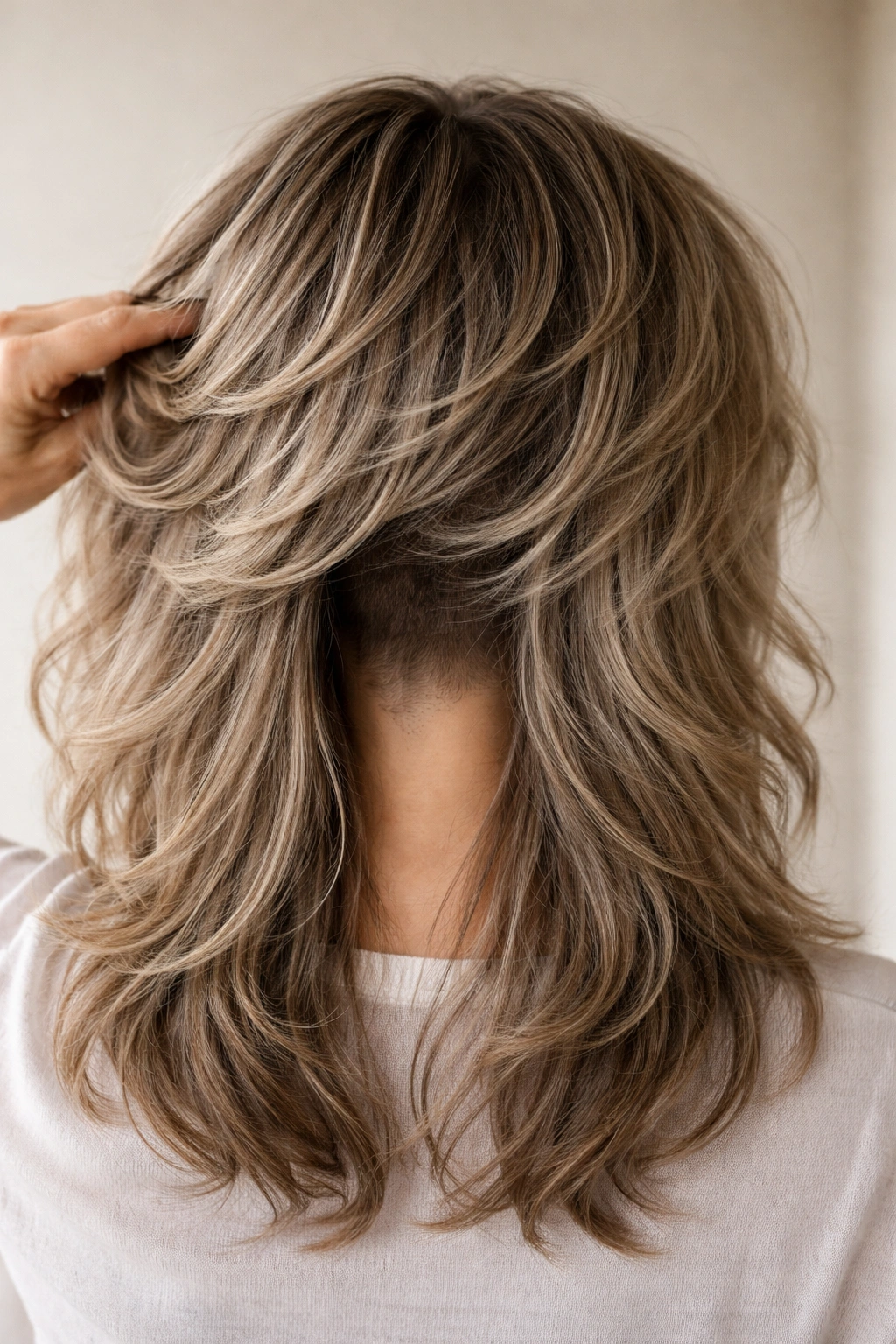 Long shag with an undercut at the nape hidden beneath textured top layers.
