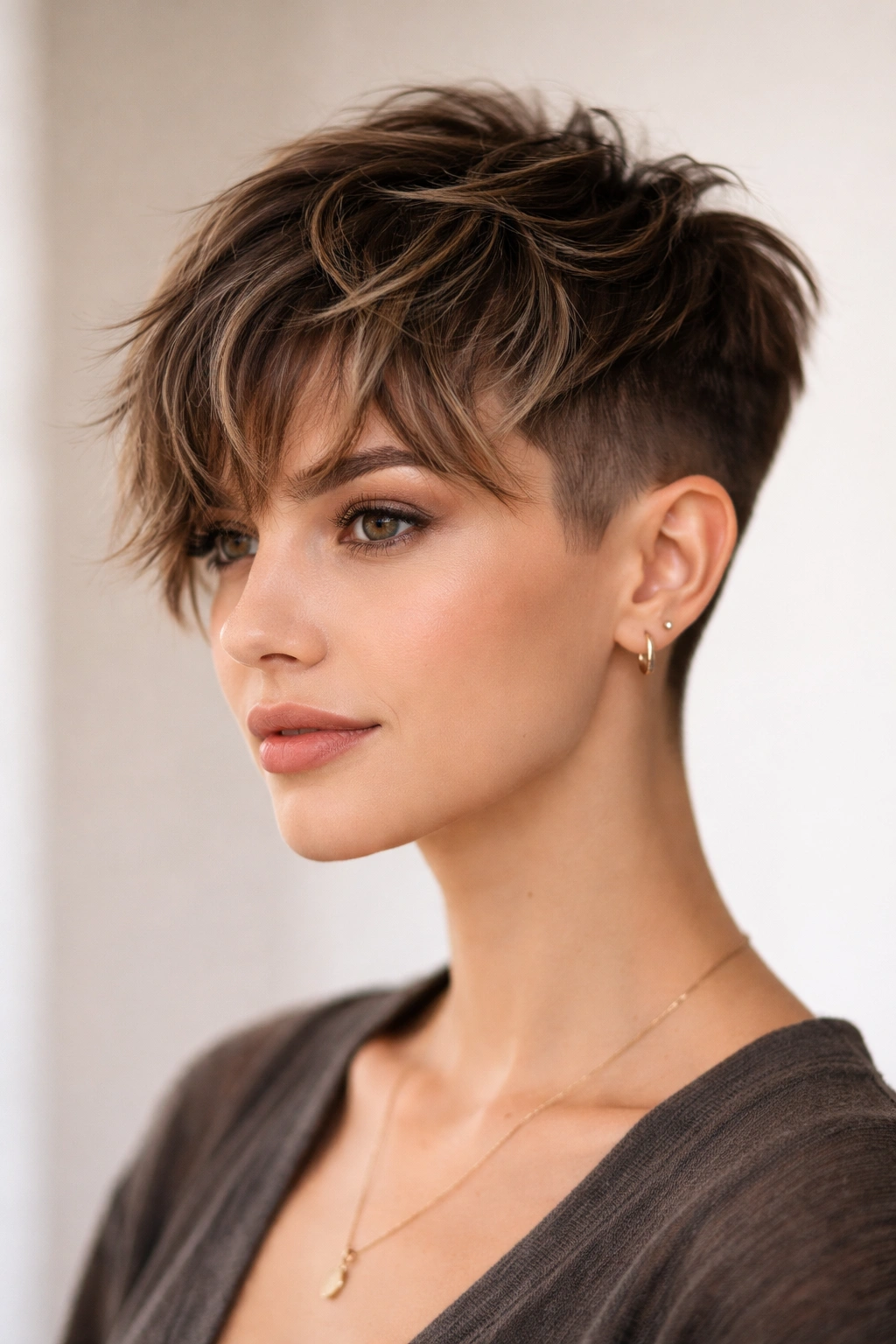 Undercut short crop with feathered bangs hairstyle portrait.