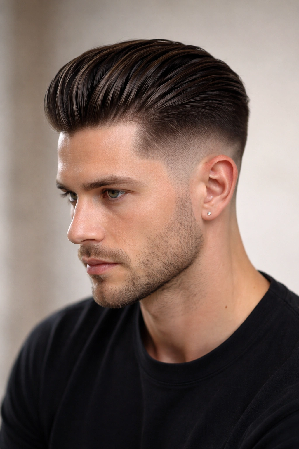 Head with undercut and slicked-back top showing sharp fade