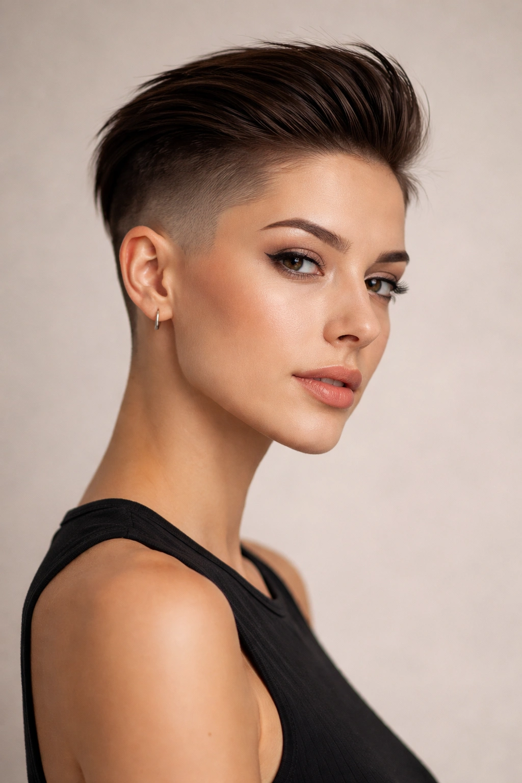 Portrait of a person with a dramatic undercut: shaved sides fade into a long straight top