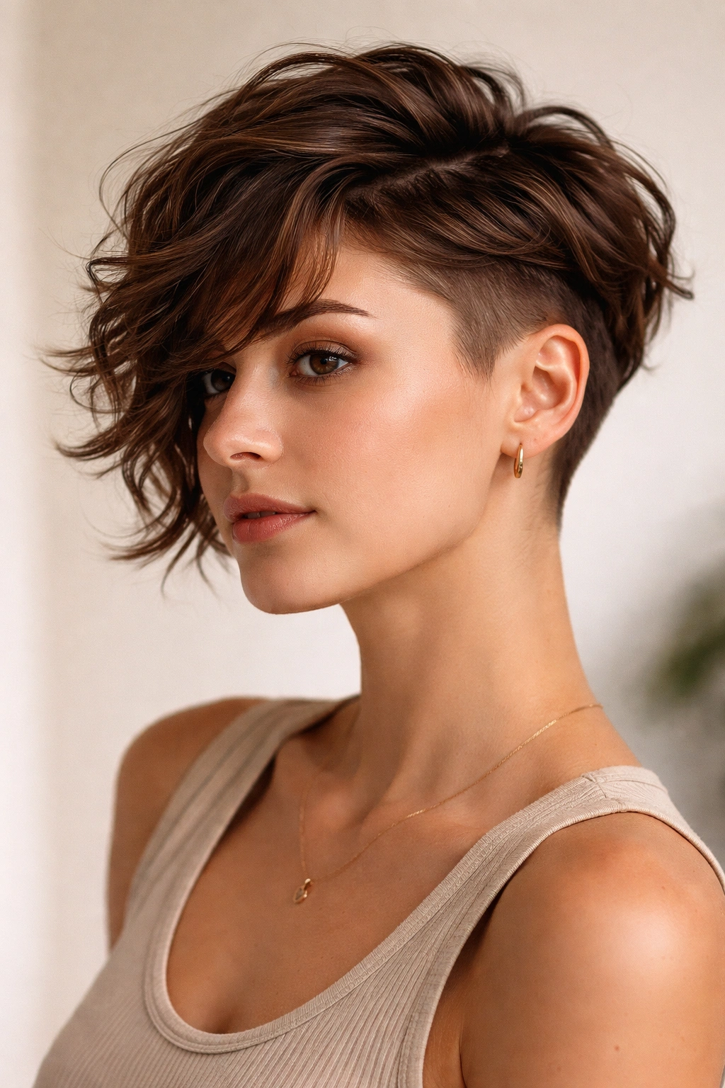Wavy undercut with swept bangs framing face on brown hair