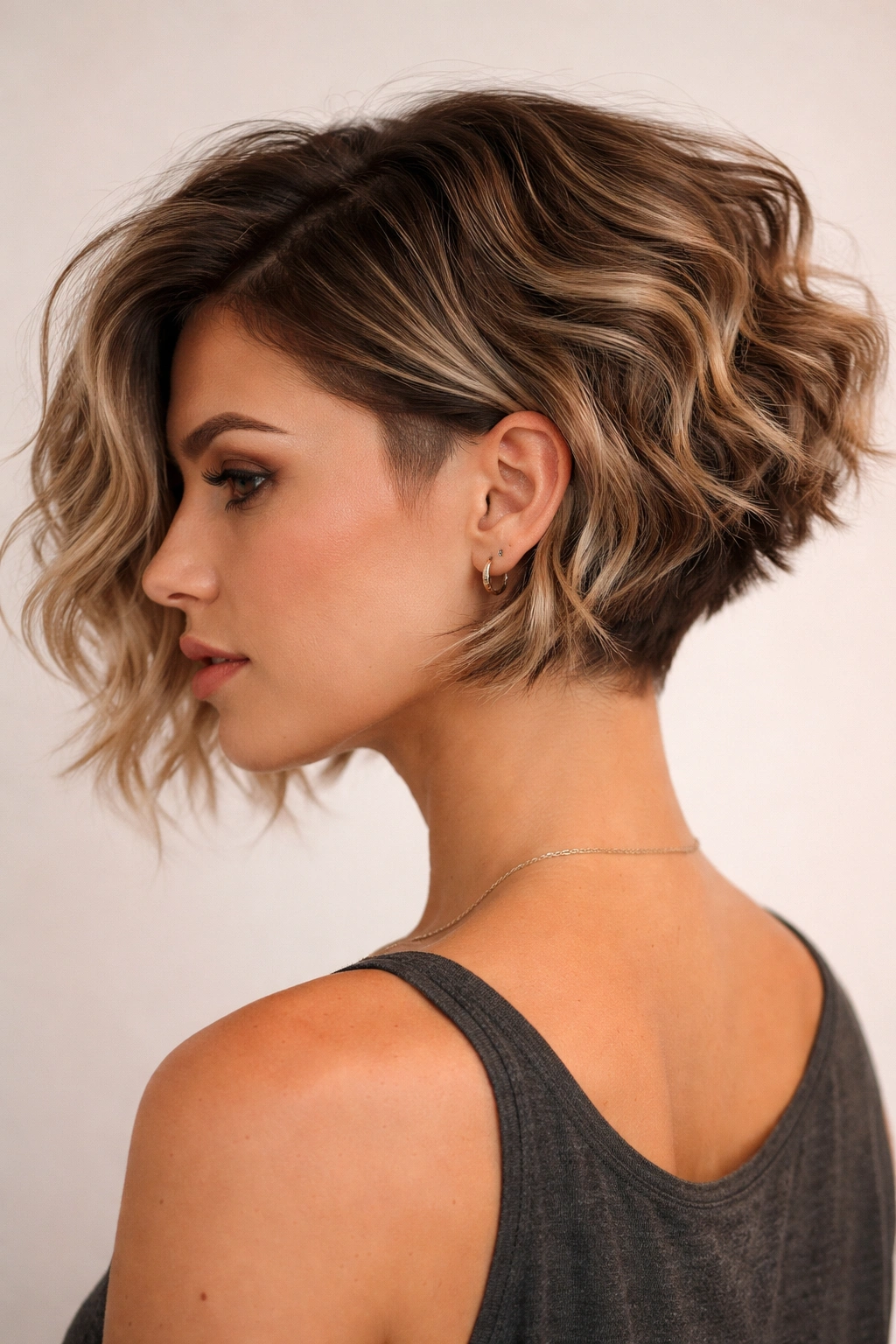 Side view of undercut textured bob showing fuller top and shaved underneath
