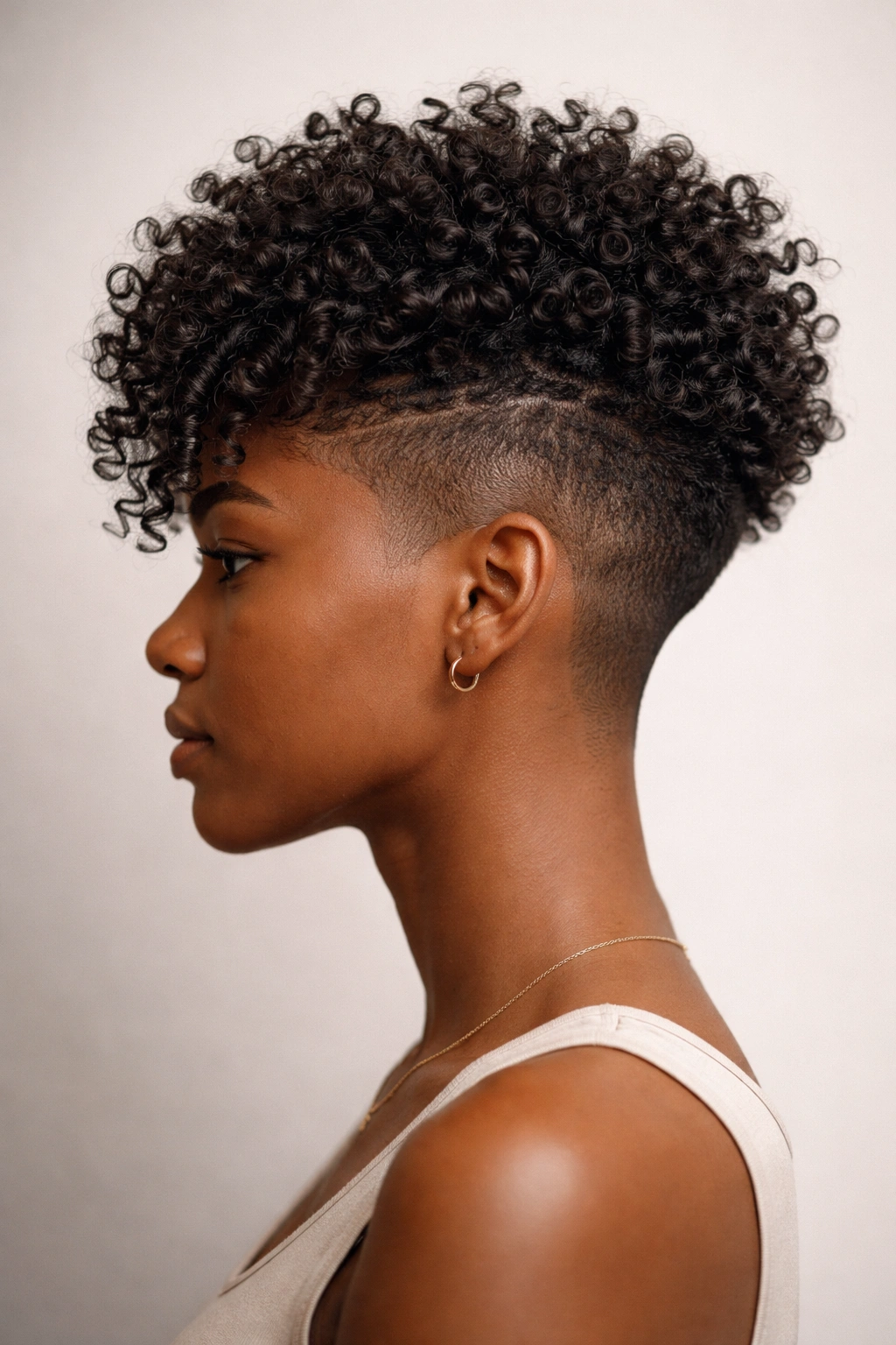 Side profile showing undercut with longer top curls