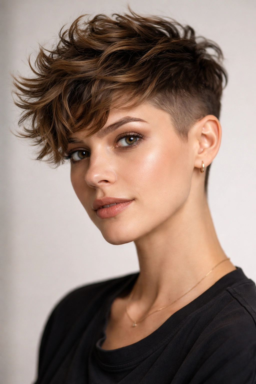 Close-up portrait of a tousled undercut with short sides and textured wavy top