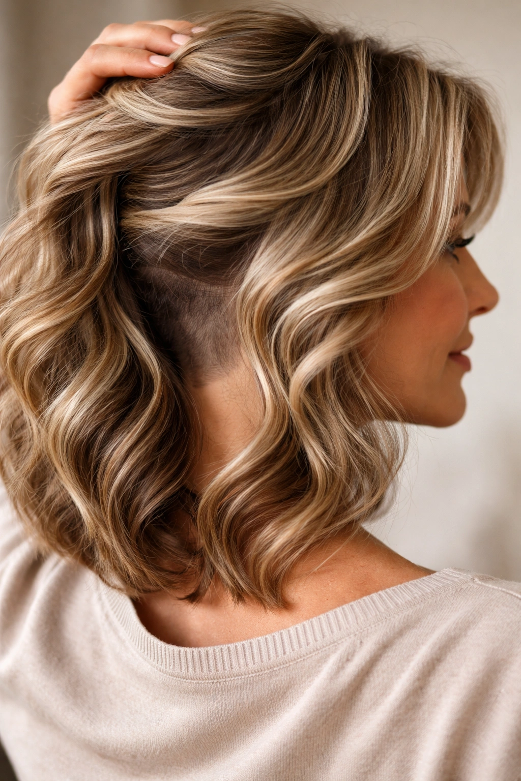 Mature woman with waves and a hidden undercut detail at the nape