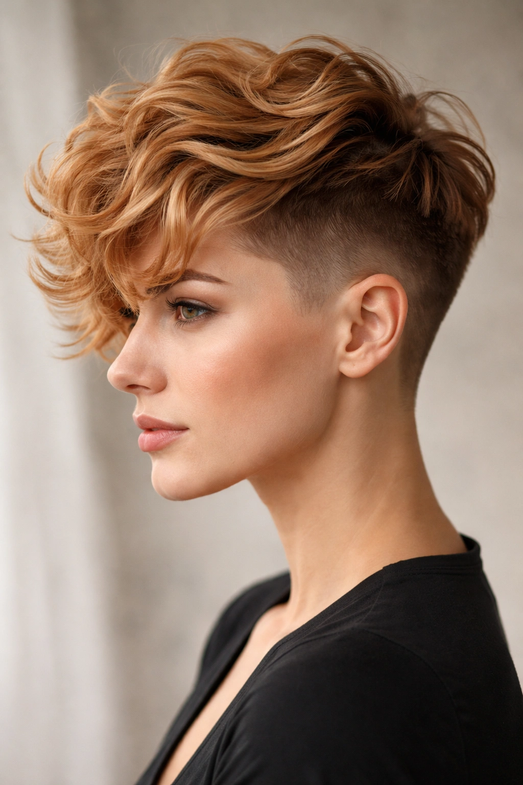 Wavy undercut hairstyle with long textured top in strawberry blonde