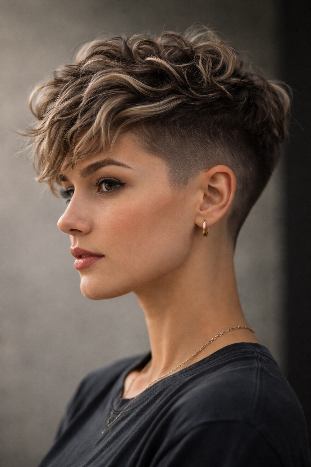 Undercut with textured top waves and short sides in a studio portrait
