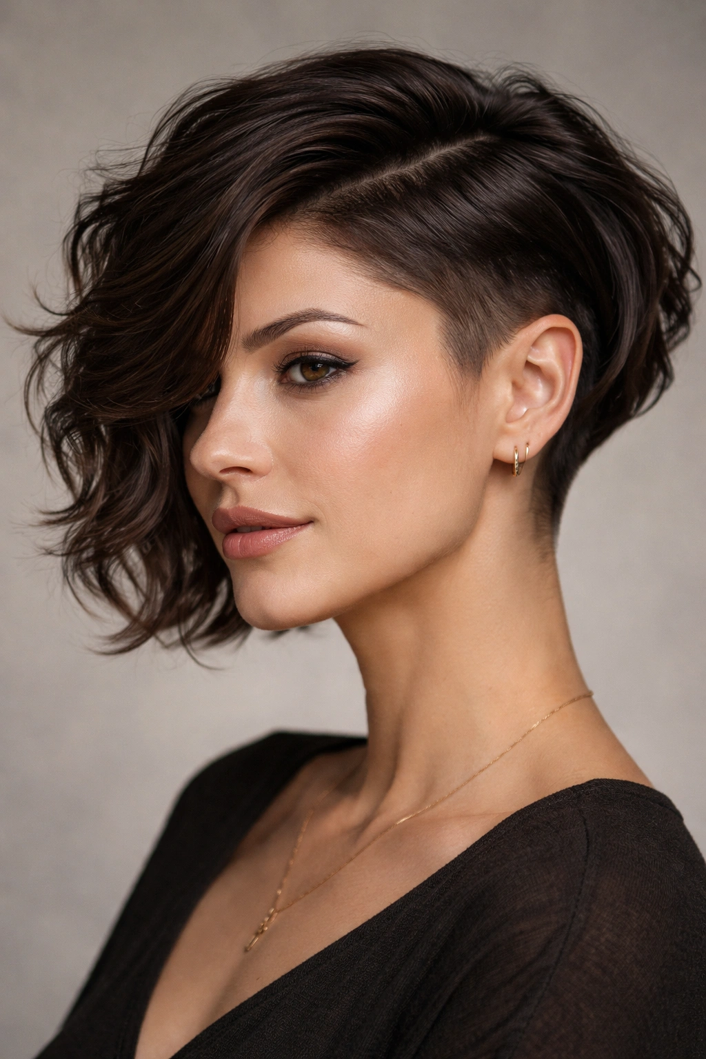 Close-up of brunette undercut wavy bob with chin-length waves and sharp undercut