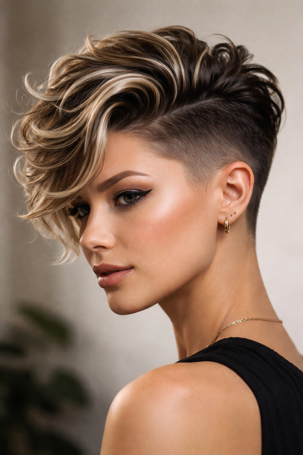 Close-up of wavy hair with an undercut and bold highlights