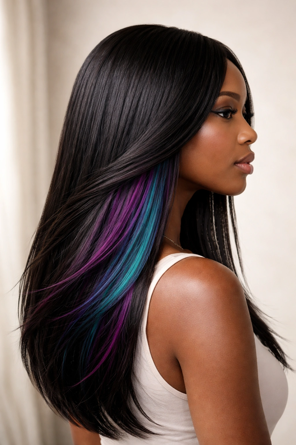 Straight hair with hidden colored underside visible at the underlayer