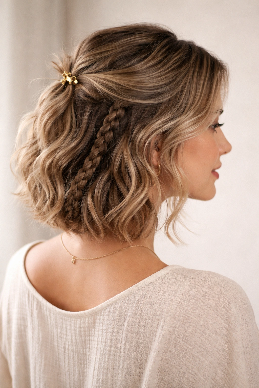 Short wavy hair with an underneath braid and a clipped top section seen from the back