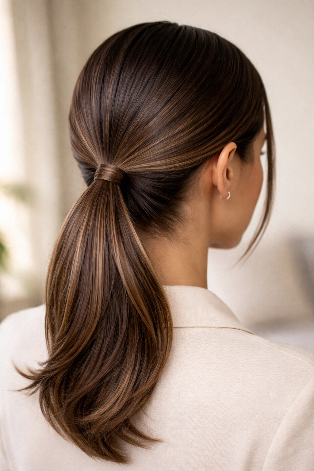 Rear view of a low ponytail showing an underneath section peeking out from under the elastic