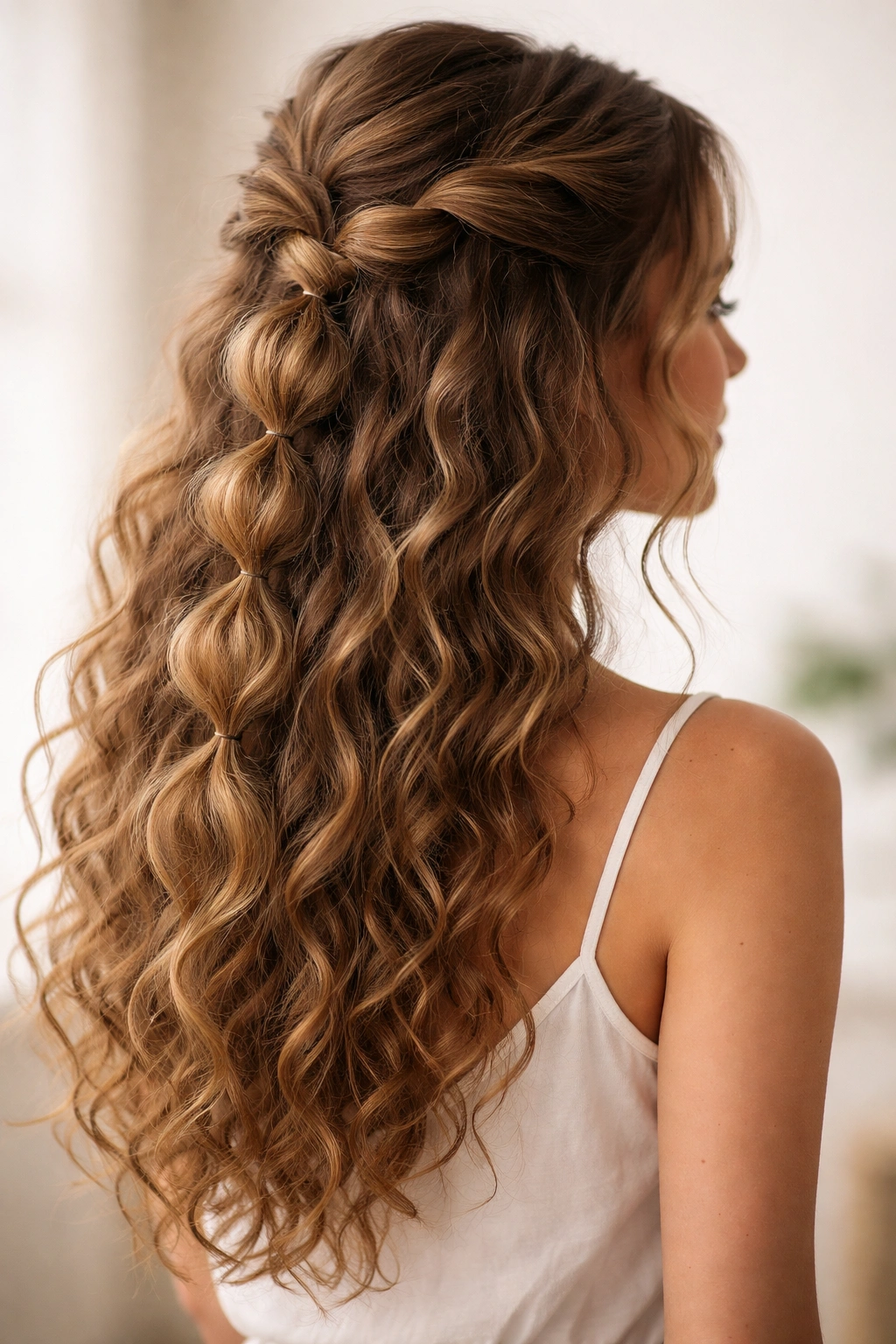 Loose undone bubble braid texture on curly hair with oversized bubbles