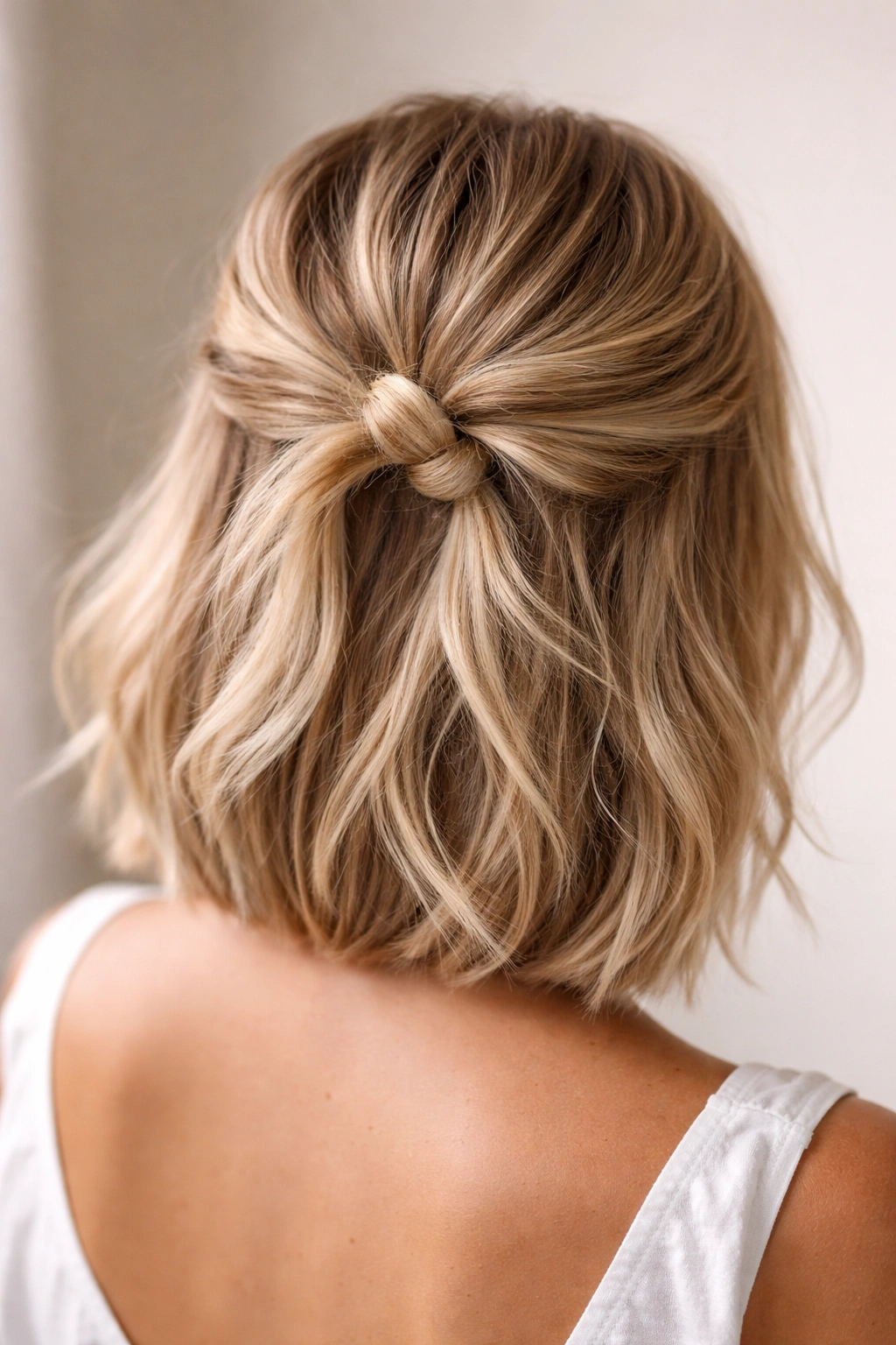 Blonde bob styled in an undone crown knot with a loose casual knot at the crown