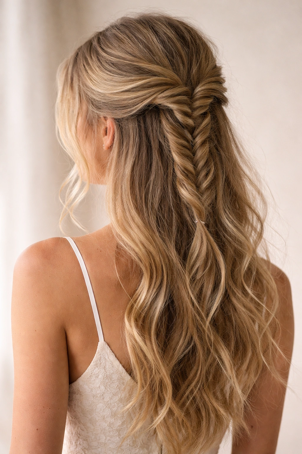 Relaxed undone fishtail half-up with loose strands framing the face